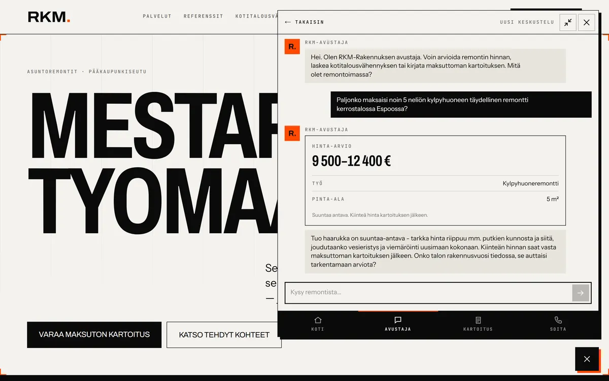 RKM-Rakennuksen avustaja antaa kylpyhuoneremontille hinta-arvion keskustelun aikana
